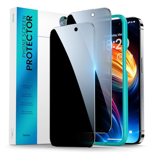 BENKS Sichtschutz für iPhone 15 Plus/14 Pro Max Anti Spy Vollständige Displayschutzfolie Dunkel Panzerfolie Privatsphäre Glas mit Rahmen-Installationshilfe - 2 Stück von BENKS