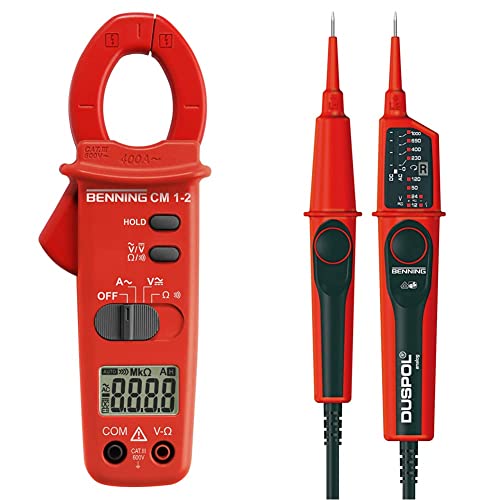 Benning CM 1-2 Digital- Stromzangen-Multimeter, 44062 & DUSPOL analog. Spannungsprüfer (mit Tauchspul-Pegelanzeige, Spannungsmessbereich 12 V - 1000 V AC/DC, Prüfart 2-polig) 50261 von BENNING