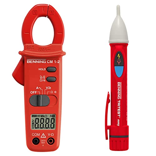 Benning CM 1-2 Digital- Stromzangen-Multimeter, 44062 & TRITEST easy Berührungsloser Phasenprüfer (Prüfart 1-polig, Phasenprüfung an Steck- und Abzweigdosen, Spannungsmessbereich 200 V - 1000 V AC) von BENNING