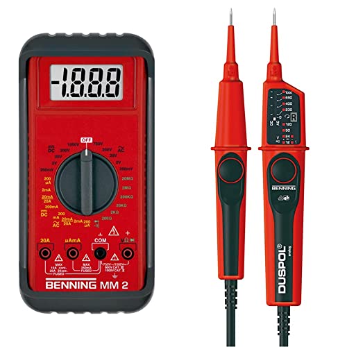 Benning MM 2 Digital-Multimeter (mit digitaler Anzeige, Max. Spannungsmessbereich DC 1000 V) 44028 & DUSPOL analog. Spannungsprüfer (Spannungsmessbereich 12 V - 1000 V AC/DC, Prüfart 2-polig) 50261 von BENNING