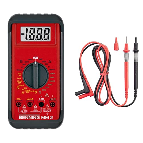 Benning MM 2 Digital-Multimeter (mit digitaler Anzeige, Max. Spannungsmessbereich DC 1000 V, inkl. Gummischutzrahmen, Tasche) 44028 & Sicherheitsmessleitungen mit 2 mm Messspitze,044146, Rot/Schwarz von BENNING