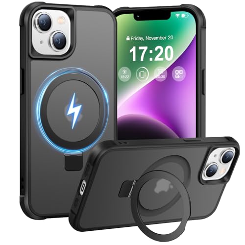BENTIACC Handyhülle für iPhone 13/14 Hülle, mit Unsichtbarer Magnetisch Ring Ständer, Mil-Grade Drop Shockproof Anti-Scratch Anti-Fingerabdruck Anti-Rutsch Transluzente Matte Case (Schwarz) von BENTIACC
