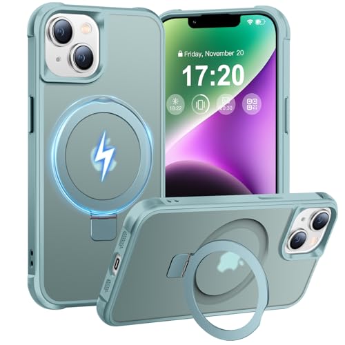 BENTIACC Handyhülle für iPhone 13/14 Hülle, mit Unsichtbarer Magnetisch Ring Ständer, Mil-Grade Drop Shockproof Anti-Scratch Anti-Fingerabdruck Anti-Rutsch Transluzente Matte Case (Seeblau) von BENTIACC
