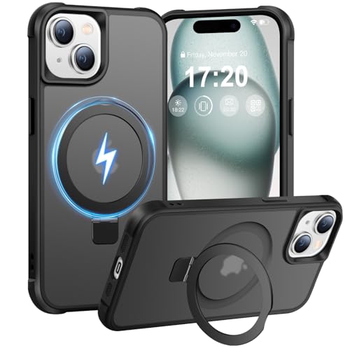 BENTIACC Handyhülle für iPhone 15 Hülle, mit Unsichtbarer Magnetisch Ring Ständer, Mil-Grade Drop Shockproof Anti-Scratch Anti-Fingerabdruck Anti-Rutsch Transluzente Matte Case (Schwarz) von BENTIACC