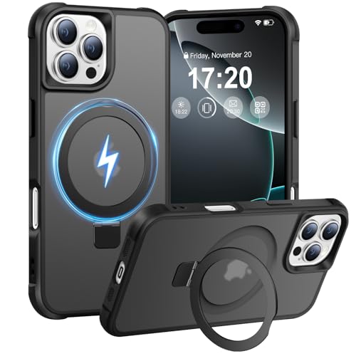 BENTIACC Handyhülle für iPhone 16 Pro Hülle, mit Unsichtbarer Magnetisch Ring Ständer, Mil-Grade Drop Shockproof Anti-Scratch Anti-Fingerabdruck Anti-Rutsch Transluzente Matte Case (Schwarz) von BENTIACC