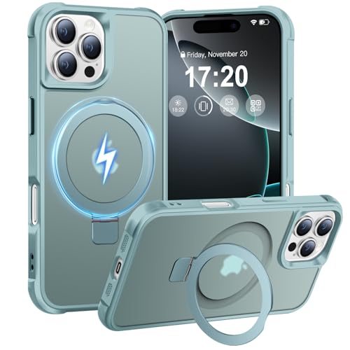 BENTIACC Handyhülle für iPhone 16 Pro Hülle, mit Unsichtbarer Magnetisch Ring Ständer, Mil-Grade Drop Shockproof Anti-Scratch Anti-Fingerabdruck Anti-Rutsch Transluzente Matte Case (Seeblau) von BENTIACC