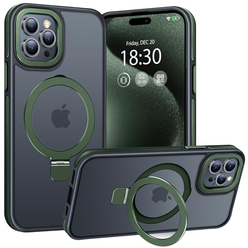 BENTIACC Handyhülle iPhone 15 pro max Hülle, mit Unsichtbarer Ständer, mit Mag-Safe, Militärschutz, [Transluzente Matte] Anti-Fingerabdruck hülle iPhone 15 pro max 6,7 Zoll(DunkelGrün) von BENTIACC