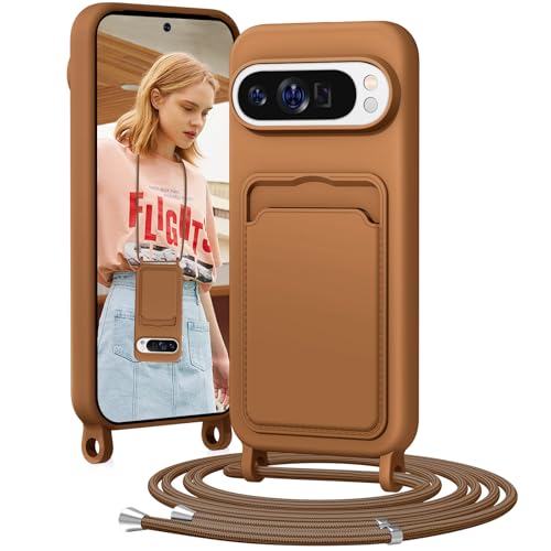 BENTIACC Handykette Silikon Hülle für Google Pixel 9/9 pro mit Band, Handyhülle mit Kartenfach, Abnehmbar Kordel Kette, Stoßfeste Schutzhülle für Google Pixel 9/9 pro (Gelb-braun) von BENTIACC