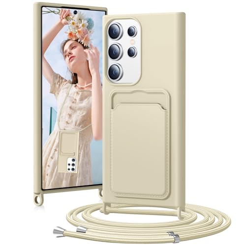 BENTIACC Handykette Silikon Hülle für Samsung Galaxy S23 Ultra mit Band, Handyhülle mit Kartenfach, Abnehmbar Kordel Kette, Stoßfeste Schutzhülle für Samsung Galaxy S23 Ultra (Beige) von BENTIACC