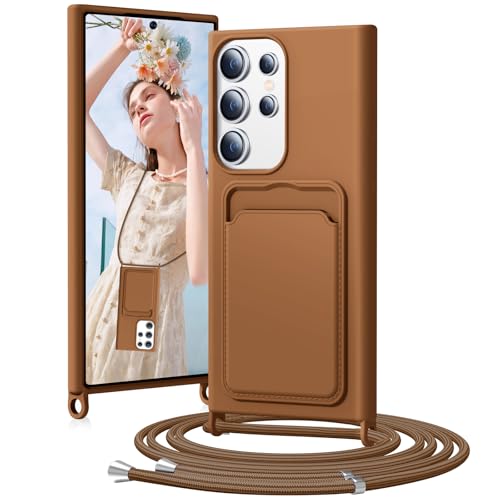 BENTIACC Handykette Silikon Hülle für Samsung Galaxy S23 Ultra mit Band, Handyhülle mit Kartenfach, Abnehmbar Kordel Kette, Stoßfeste Schutzhülle für Samsung Galaxy S23 Ultra (Gelb-braun) von BENTIACC