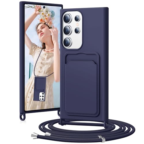 BENTIACC Handykette Silikon Hülle für Samsung Galaxy S23 Ultra mit Band, Handyhülle mit Kartenfach, Abnehmbar Kordel Kette, Stoßfeste Schutzhülle für Samsung Galaxy S23 Ultra (Marineblau) von BENTIACC