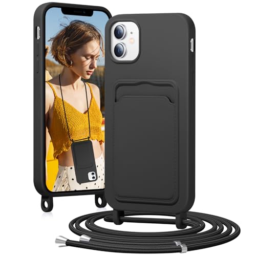 BENTIACC Handykette Silikon Hülle für iPhone 12/12 pro mit Band, Handyhülle mit Kartenfach, Abnehmbar Kordel Kette, Stoßfeste Schutzhülle für iPhone 12/12 pro (Schwarz) von BENTIACC