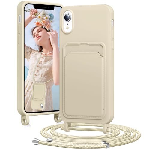 BENTIACC Handykette Silikon Hülle für iPhone XR mit Band, Handyhülle mit Kartenfach, Abnehmbar Kordel Kette, Stoßfeste Schutzhülle für iPhone XR (Beige) von BENTIACC
