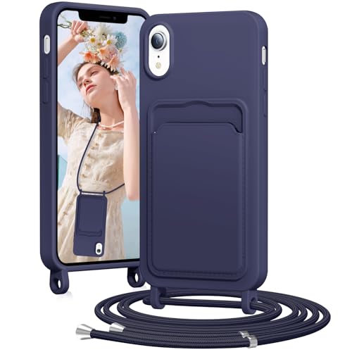 BENTIACC Handykette Silikon Hülle für iPhone XR mit Band, Handyhülle mit Kartenfach, Abnehmbar Kordel Kette, Stoßfeste Schutzhülle für iPhone XR (Marineblau) von BENTIACC