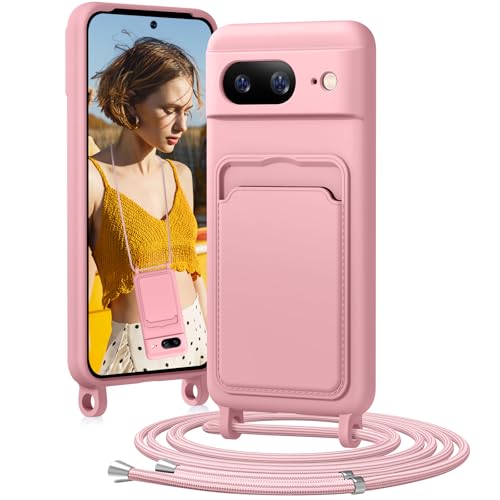 BENTIACC Handykette Silikon Hülle für Google Pixel 8 mit Band, Handyhülle mit Kartenfach, Abnehmbar Kordel Kette, Stoßfeste Schutzhülle für Google Pixel 8 (Rosa) von BENTIACC