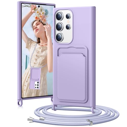 BENTIACC Handykette Silikon Hülle für Samsung Galaxy S23 Ultra mit Band, Handyhülle mit Kartenfach, Abnehmbar Kordel Kette, Stoßfeste Schutzhülle für Samsung Galaxy S23 Ultra (Lila) von BENTIACC