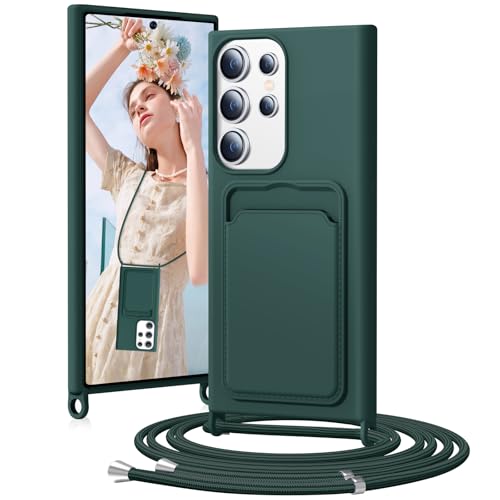 BENTIACC Handykette Silikon Hülle für Samsung Galaxy S23 Ultra mit Band, Handyhülle mit Kartenfach, Abnehmbar Kordel Kette, Stoßfeste Schutzhülle für Samsung Galaxy S23 Ultra (Tannennadelgrün) von BENTIACC