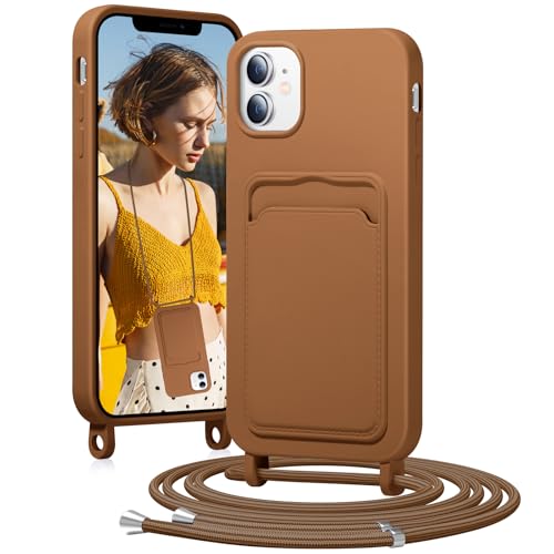 BENTIACC Handykette Silikon Hülle für iPhone 12/12 pro mit Band, Handyhülle mit Kartenfach, Abnehmbar Kordel Kette, Stoßfeste Schutzhülle für iPhone 12/12 pro (Gelb-braun) von BENTIACC