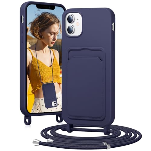 BENTIACC Handykette Silikon Hülle für iPhone 12/12 pro mit Band, Handyhülle mit Kartenfach, Abnehmbar Kordel Kette, Stoßfeste Schutzhülle für iPhone 12/12 pro (Marineblau) von BENTIACC