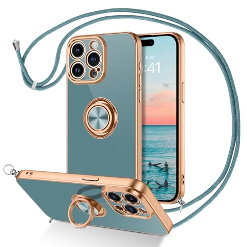 BENTOBEN Handykette iPhone 15 Pro Max, Handyhülle für iPhone 15 Pro Max Hülle mit Band 360° Halter Ständer Kratzfest Silikon Dünn Stoßfeste Schutzhülle für iPhone 15 Pro Max Hülle Mit Ring, Grau von BENTOBEN