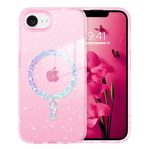 BENTOBEN für iPhone 16e Hülle Glitzer, Magnetisches iPhone 16e 6.1" Case mit Mag-Safe Muster Slim Bumper Silikon Cover Dünn Handyhülle für Frauen Mädchen Bling Transparent Rosa von BENTOBEN
