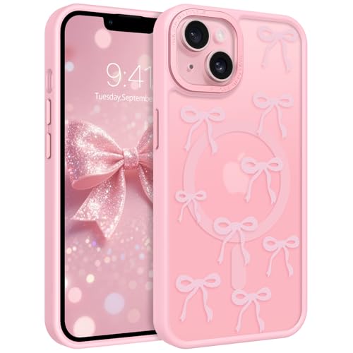BENTOBEN Magnetische Schutzhülle für iPhone 15 [kompatibel mit Magsafe] durchscheinende matte Schleife, Handyhülle für iPhone 15, schlank, dünnes Band, ästhetisch, für Damen und Mädchen, stoßfest von BENTOBEN