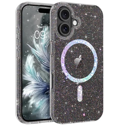 BENTOBEN Magnetische Schutzhülle für iPhone 16 Plus, transparent, glitzernd, kompatibel mit MagSafe, stoßfest, glitzernd, niedlich, für iPhone 16 Plus, 17 cm (6,7 Zoll), klarer schwarzer Glitzer von BENTOBEN