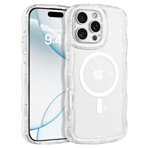BENTOBEN Magnetische Schutzhülle für iPhone 16 Pro, klarer Kristall, Glitzer, iPhone 16 Pro, Handyhülle [Curly Wave Edge] [Kompatibel mit MagSafe] Sparkly Bling Slim Cute Shockproof Women Girl Cover von BENTOBEN