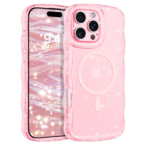 BENTOBEN Magnetische Schutzhülle für iPhone 16 Pro Max, klarer Kristall-Glitzer [Curly Wave Edge] [kompatibel mit MagSafe], dünn, funkelnd, stoßfest, niedlich, für Damen und Mädchen, 17,5 cm (6,9 Zoll von BENTOBEN