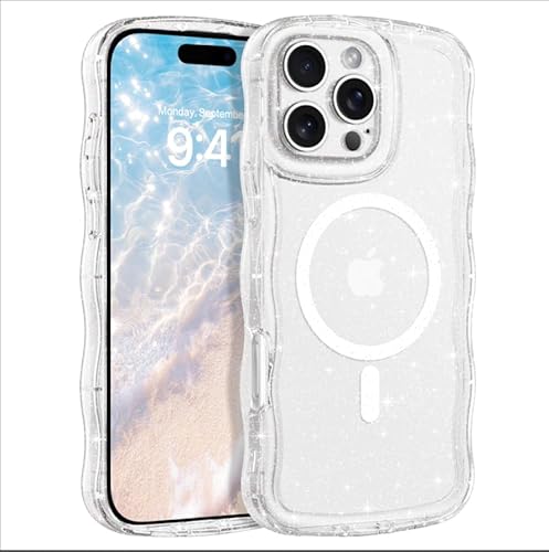 BENTOBEN Magnetische Schutzhülle für iPhone 16 Pro Max, klarer Kristall-Glitzer [Curly Wave Edge] [kompatibel mit MagSafe], schlank, funkelnd, stoßfest, niedlich, für Damen und Mädchen, Schutzhülle von BENTOBEN
