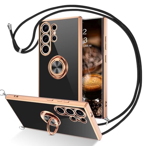 BENTOBEN für Samsung S24 Ultra Hülle mit Band, Handykette Samsung Galaxy S24 Ultra, Handyhülle für Samsung S24 Ultra Hülle 6.8" mit Ring 360° Halter Ständer Silikon, Schwarz von BENTOBEN