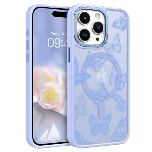 BENTOBEN Schutzhülle für iPhone 15 Pro, süßes Schmetterlingsmuster, magnetische Hülle, kompatibel mit MagSafe, durchscheinend, matt, dünn, für Damen und Mädchen, 15,5 cm (6,1 Zoll), Babyblau von BENTOBEN