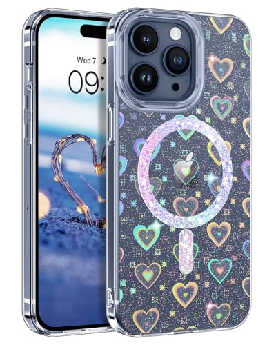 BENTOBEN iPhone 15 Pro Hülle Handyhülle Glitzer, Magnetisches iPhone 15 Pro Case mit Magsafe Herz Muster Slim Bumper Silikon Cover Dünn Hülle für Frauen Mädchen für iPhone 15 Pro Bling Transparent von BENTOBEN