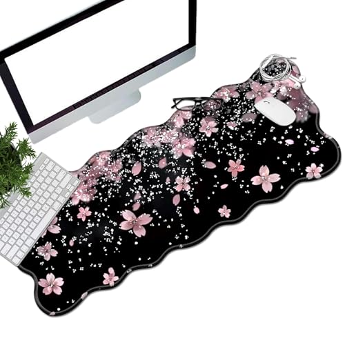 BEOTIWAD Glitzernde Schreibtischunterlage mit Kirschblüten, 80 x 30 cm, XL-Mauspad, großes Mauspad mit genähten Kanten, Schreibtischunterlage für Arbeit, Spiel, Büro, Zuhause von BEOTIWAD