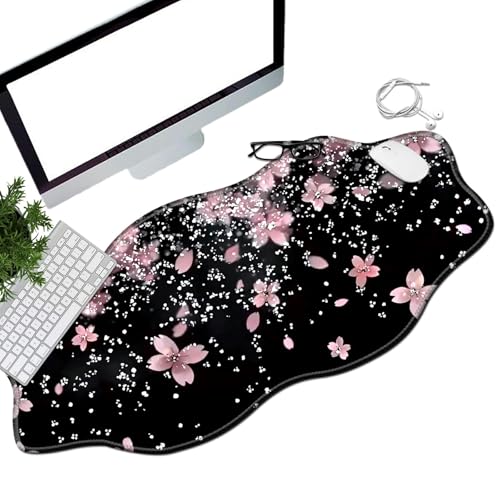 BEOTIWAD Glitzernde Schreibtischunterlage mit Kirschblütenmotiv, 90 x 40 cm, XL, großes Mauspad mit genähten Kanten, Schreibtischunterlage für Arbeit, Spiel, Büro, Zuhause von BEOTIWAD