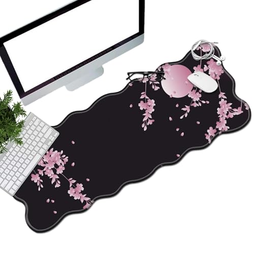 BEOTIWAD Sakura Kirschblüten-Schreibtischunterlage, Mauspad, 80 x 30 cm, XL-Mauspad, großes Mauspad mit genähten Kanten, Schreibtischunterlage für Arbeit, Spiel, Büro, Zuhause von BEOTIWAD