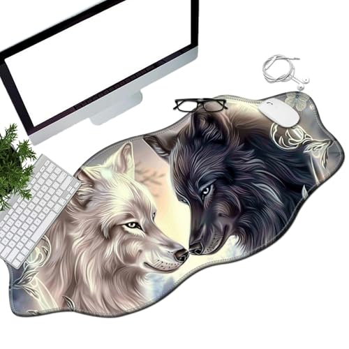 BEOTIWAD Schreibtischunterlage mit Wolfsrose, Größe XL, erweitertes Mauspad mit genähten Kanten, Schreibtischunterlage für Arbeit, Spiel, Büro, Zuhause, Weiß und Schwarz von BEOTIWAD