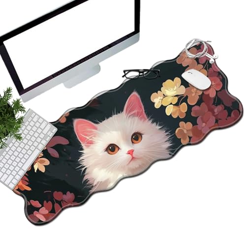 BEOTIWAD Schreibtischunterlage mit weißer Katze, 80 x 30 cm, XL-Mauspad, großes Mauspad mit genähten Kanten, Schreibtischunterlage für Arbeit, Spiel, Büro, Zuhause von BEOTIWAD