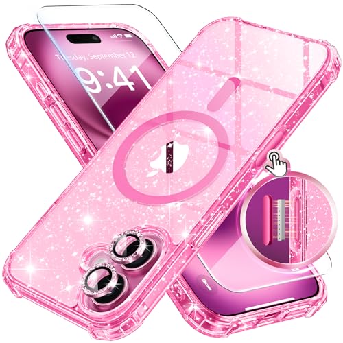 BERFY Glitzer-Schutzhülle für iPhone 16, 15,5 cm (6,1 Zoll), kompatibel mit Magsafe, transparent, glitzernd, niedlich, magnetische Hartschale, mit 9H-Displayschutzfolie aus gehärtetem 9H, 2 x von BERFY