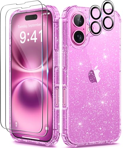 BERFY Schutzhülle für iPhone 16, Glitzer, [5-in-1] mit 2 x Displayschutzfolie + 2 x Kameraobjektivschutz, vergilbungsfrei, transparent, glitzernd, schlank, stoßfest, harte Handyhülle, 15,5 cm (6,1 von BERFY