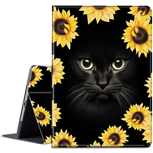 BEROSET Schutzhülle für iPad Air 4 10.9 2020, PU-Leder, Smart Cover mit verstellbarem Ständer & Auto Wake/Sleep für iPad Air 10.9 Zoll 4. Generation 2020 Release – Sonnenblume und schwarze Katze von BEROSET