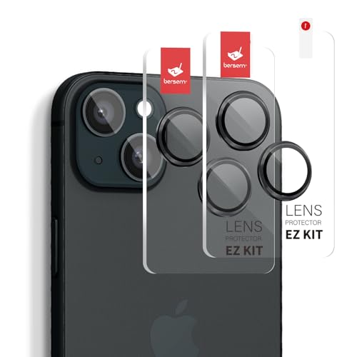 BERSEM 2 Stück Kameraschutz für iPhone 15 6,1 Zoll/iPhone 15 Plus 6,7 Zoll EZ Kit, 9H Gehärtetes Glas, Anti-Kratzer, HD-klar, Hüllenfreundlich, Kamera Schutzfolie– SCHWARZ von BERSEM