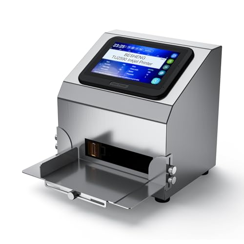 BESHENG TIJ2590 Tintenstrahl Codiermaschine mit Schnell Trocknender Tintenpatrone, 5-Zoll-Touchscreen Tragbarer Manueller Tintenstrahldrucker für Datum Uhrzeit Seriennummer Logo Barcode QR Code Bild von BESHENG