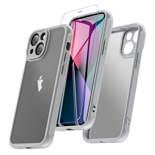 BESINPO Kompatibel mit iPhone 13 Hülle Mit Schutzglas, Minimalistische Transluzente Matte Schutzhülle, Military Grade Stoßfest Handyhülle Kameraschutz TPU Bumper Case für iPhone 13 (Grau) von BESINPO