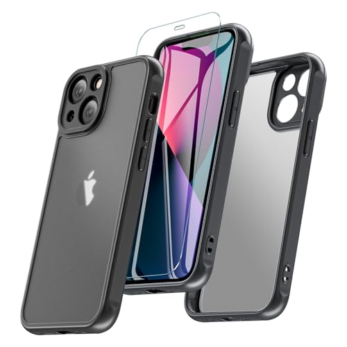 BESINPO für iPhone 13 Hülle Mit Schutzglas, Handyhülle iPhone 13 Stoßfest Militärschutz Kameraschutz Bumper Matte Durchscheinende Rückseite Case Schutzhülle (Schwarz) von BESINPO