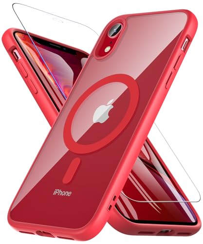 BESINPO iPhone XR Hülle, Magnetisch Handyhülle iPhone XR [Kompatibel mit MagSafe] mit Panzer Schutz Glas, 360 Grad Stoßfest Rückseite Transparent Schutzhülle Kratzfest Case (Rot) von BESINPO