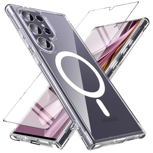 Magnetisch Für Samsung Galaxy S24 Ultra Hülle mit Panzerglas,Militärschutz [mit Magsafe] Handyhülle Stoßfest Robust Bumper Schutzhülle Case Cover für Samsung S24 Ultra 5G 2024(Transparent) von BESINPO