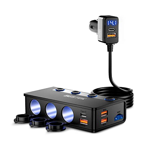 9 IN1 BESTEK 180W Zigarettenanzünder Verteiler, Auto KFZ Adegerät mit 65W PD & 4 Port QC3.0 kfz Ladegerät USB C Zigarettenanzünder Adapter USB mit LED Licht für iPhone Dash Cam iPad GPS von BESTEK