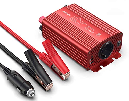 Reiner Sinus Spannungswandler 12V auf 230V BESTEK Sinus Wechselrichter 300w Stromwandler Converter Inverter Auto Adapter Netzteil mit 2 USB Ports, Zigarettenanzünder Stecker Autobatterieclips, Rot von BESTEK