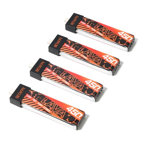 BETAFPV 4Stück Lava 450mAh 1S 3,8V 75C LiHV FPV Lipo-Akku mit BT2.0-Anschluss für 1–2S FPV Tiny Whoop Drohnen-Quadcopter wie Meteor75, Meteor75 Pro, Cetus Pro 1S bürstenlose Drohnen, Cetus X 2S Quad von BETAFPV